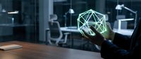 Businessman holding glowing geometric network wireframe structure in modern office workspace, representing digital connectivity, data science, and technology innovation solutions.