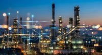 Industrial oil refinery complex at twilight with illuminated processing towers and digital network overlay representing smart manufacturing technology.