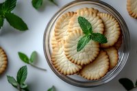 Homemade shortbread cookies in glass jar decorated with fresh mint leaves, top view on white background. Food photography for bakery or dessert menu.