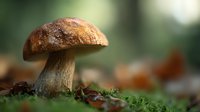 Wild mushroom with brown cap growing in forest moss with soft bokeh background, autumn nature scene in woodland environment.