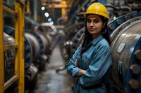 Young South Asian female industrial engineer in protective hardhat and workwear standing confidently with crossed arms in manufacturing facility near production equipment.
