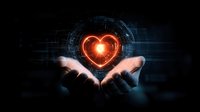 Glowing red heart hologram floating above cupped hands against dark background with digital circle elements and futuristic technology interface.