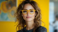Young professional woman with wavy brown hair wearing stylish yellow glasses and gray sweater smiling confidently against vibrant yellow wall background. For business and lifestyle content.