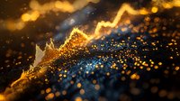 Glowing golden financial chart line rising against dark background with bokeh light effects and particles, showing market growth and success.