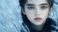 Young woman with striking blue eyes and dark hair in winter coat surrounded by frost and ice crystals during cold season outdoor portrait.