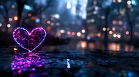 Glowing purple heart shape with sparkles reflected on wet surface against blurred city lights bokeh background creating romantic night atmosphere.