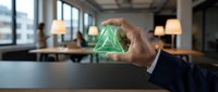 Businessman holding glowing green triangle symbol in modern office environment, representing sustainability, growth, and eco-friendly business solutions for corporate presentations.