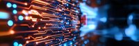 Glowing orange and blue circuit paths with bokeh light effects create futuristic technology background for digital transformation and connectivity concepts.