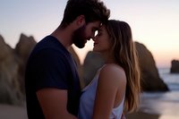 Romantic couple embracing at sunset on beach, silhouetted against ocean and rocky cliffs, young man and woman in intimate moment showing tender connection.