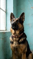 German Shepherd dog sitting by vintage turquoise wall wearing leather collar, alert expression, natural window light, rustic interior background.