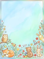 Cute woodland animals and nature elements border frame with owl, fox, bear, and bunny characters surrounded by leaves, flowers, and stars on soft pastel watercolor background, suitable for children's stationery, greeting cards, and nursery designs.