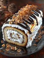 Swiss roll cake filled with whipped cream, topped with chocolate drizzle and toasted coconut flakes on dark plate. Festive holiday dessert with pinecones in background.