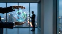 Businessman hands protecting glowing green leaf hologram in modern office representing environmental sustainability and eco-friendly business practices.