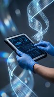 Digital data stream flowing from tablet device held by hands in blue medical gloves with binary code ribbons and analytics dashboard display for technology concepts.