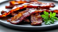 Crispy fried bacon strips garnished with fresh parsley on dark plate, close up view with selective focus. Smoky breakfast meat with golden edges.