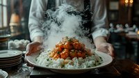 Steam rising over spicy orange chicken with white rice served in restaurant setting, dramatic food photography perfect for menu, culinary advertising and food service promotion.