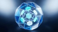 Futuristic digital sphere with glowing network connections and geometric wireframe structure on dark background for technology concepts.
