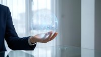 Businessman in dark suit holding glowing digital globe with network connections, representing global business, technology innovation, and worldwide connectivity for corporate and tech concepts.