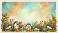 Cute hedgehogs surrounded by autumn leaves, berries, and foliage in a whimsical forest scene with warm golden light, suitable for children's illustrations and seasonal designs.