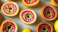 Fresh halved passion fruits showing vibrant pink pulp and black seeds arranged in rows on neutral background, close up view of tropical exotic fruit.