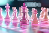Pink glass chess pieces on glowing neon grid surface with bokeh background. Queen and pawns in modern translucent design create futuristic gaming atmosphere.