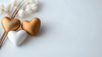 Gold and white heart decorations with dried flowers on light background for wedding, anniversary, or Valentine's Day design.