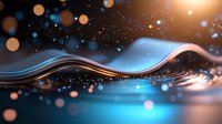Glowing abstract waves with blue and orange light effects, sparkles and bokeh on dark background create modern dynamic composition.