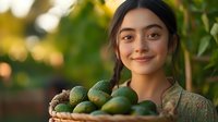 Young Asian woman holding fresh avocados from garden harvest, smiling warmly at camera with natural sunlit background and green foliage.