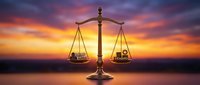 Golden scales of justice balancing supply and demand concepts against a dramatic sunset sky, symbolizing market equilibrium and economic balance.