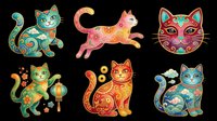 Six ornate cats in vibrant Asian folk art style, isolated on transparent background. Ready for stickers, t-shirt design, print on demand, sublimation, and clipart use.