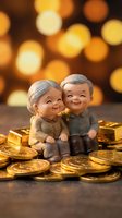 Elderly couple figurines sitting on golden coins with warm bokeh lights background representing retirement savings and financial security planning.