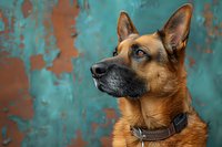 Portrait of alert German Shepherd dog with brown and black fur against turquoise textured wall background, wearing leather collar, looking up with attentive expression.