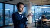 Businessman in dark suit and tie interacting with holographic data visualization in modern high-rise office with city skyline view, representing technology and business analytics.