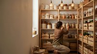 Woman in beige clothing organizing wooden shelves filled with glass jars, containers, and plants in a minimalist pantry or storage closet space.