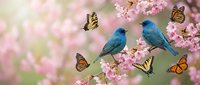 Two blue birds perched on blooming pink cherry blossom branches with colorful butterflies in soft spring garden setting for nature and seasonal designs.