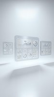 Futuristic digital dashboard displaying analytics charts, graphs, and data visualization panels on transparent screens arranged in a row against white background for business technology concepts.