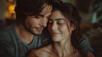 Young romantic couple sharing intimate moment, eyes closed with gentle smiles. Dark moody lighting creates atmospheric scene highlighting emotional connection and tenderness.