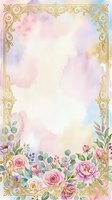 Ornate golden frame with watercolor florals and soft pastel background, featuring pink roses and peonies with green foliage, ideal for wedding invitations, greeting cards, and decorative design projects.