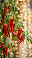 Fresh red chili peppers growing on green plant with warm bokeh lights in background for culinary and gardening themes.