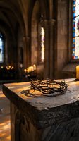 Crown of thorns resting on stone altar inside gothic cathedral with stained glass windows, candles, and warm golden light filtering through arches for religious and spiritual themes.
