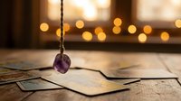 Purple crystal pendulum suspended over scattered tarot cards on wooden surface with warm bokeh lights creating mystical fortune telling atmosphere.