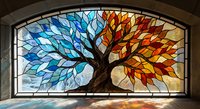 Stained glass window featuring tree with blue and orange foliage in arched frame casting colorful shadows on floor for home decor and architectural design.