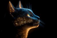 Futuristic cyberpunk dog with glowing circuit patterns and neon blue lighting on dark background for sci-fi technology concepts.
