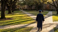 Young male graduate in cap and gown walking along a sunlit university campus path, symbolizing academic achievement and new beginnings.