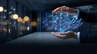 Businessman hands protecting digital brain with circuit patterns and data connections in modern office environment representing AI technology and innovation.