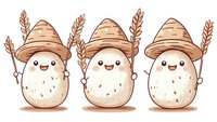 Cute cartoon potato characters with straw hats and wheat stalks, smiling happily in a row, perfect for farming or harvest themed designs.