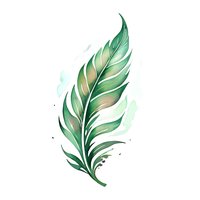 Elegant green watercolor feather with golden highlights on white background, floating with delicate splashes. Isolated design element for creative projects.