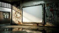 Abandoned urban billboard with blank white screen in derelict building interior with graffiti walls and debris for advertising mockup design.