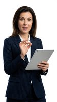 Professional businesswoman in navy pinstripe suit holding tablet computer making OK gesture on white background isolated for corporate design use.