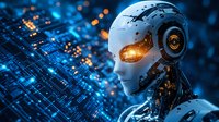 Futuristic robot head with glowing eye against blue circuit board background, representing artificial intelligence and advanced technology.